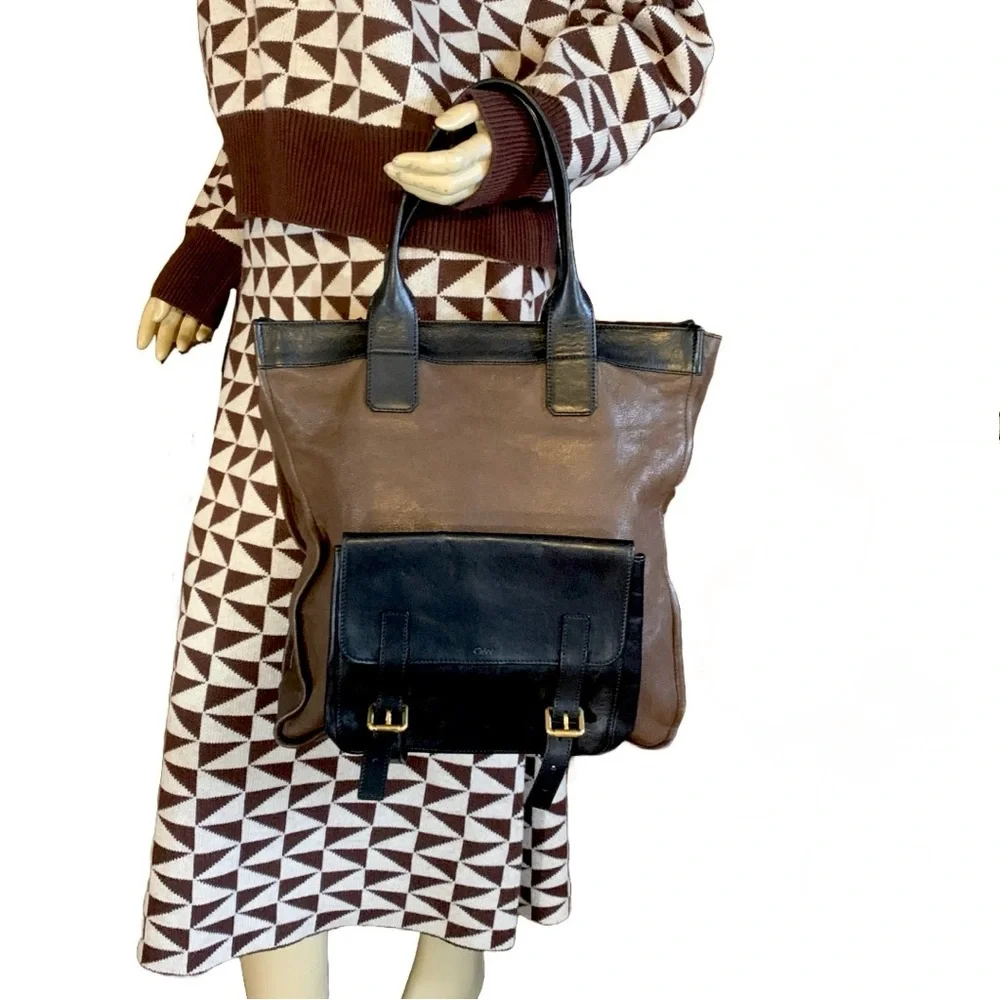 CHLOE FRONT POCKET TOTE BAG IN BROWN & BLACK LEATHER W/DETACHABLE POUCH